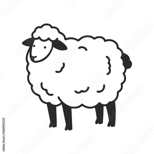Simple black and white illustration of a cartoon sheep with curly wool