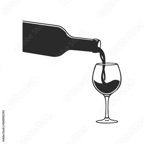 Silhouette of wine bottle pouring red wine into glass