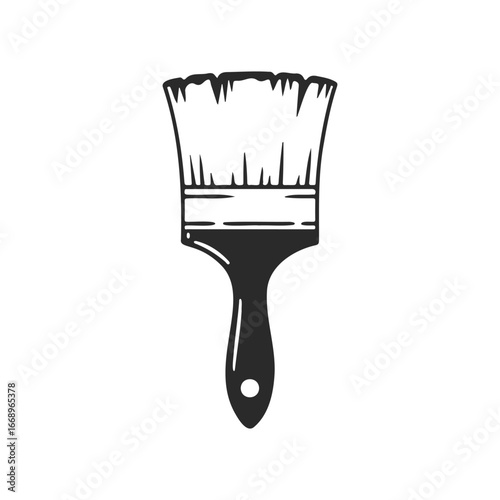Monochrome paintbrush illustration with black handle and bristles on white background