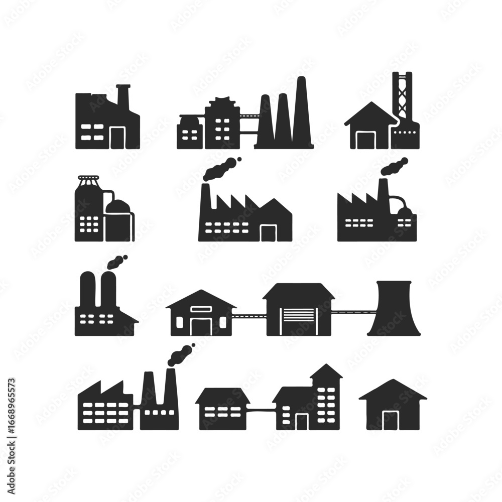 Fototapeta premium Set of industrial building icons with factories and warehouses on white background