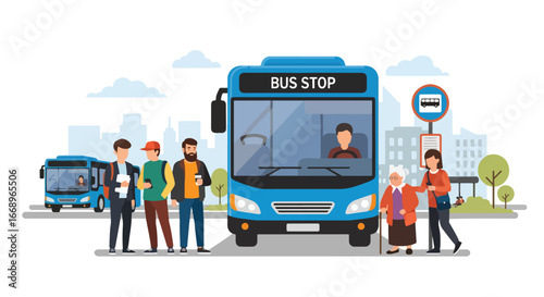 Vector illustration of diverse people, including seniors and young commuters, waiting at a city bus stop, highlighting public transportation, urban lifestyle, and daily commuting