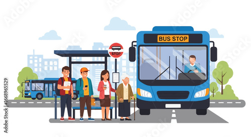 Vector illustration of diverse people, including seniors and young commuters, waiting at a city bus stop, highlighting public transportation, urban lifestyle, and daily commuting