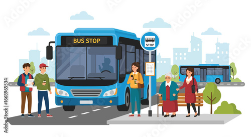 Vector illustration of diverse people, including seniors and young commuters, waiting at a city bus stop, highlighting public transportation, urban lifestyle, and daily commuting