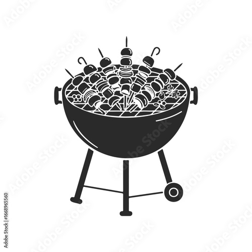Charcoal grill loaded with skewered vegetables and meats icon design