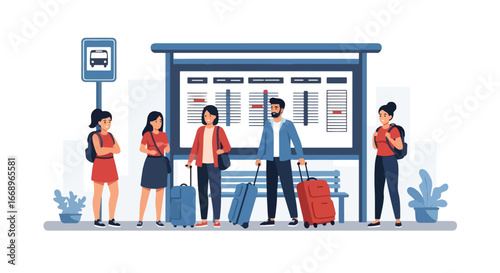 Adobe Illustrator Artwork Vector illustration of travelers with luggage and backpacks waiting at a bus stop while checking the schedule, symbolizing urban commuting, vacation trips, and modern public 