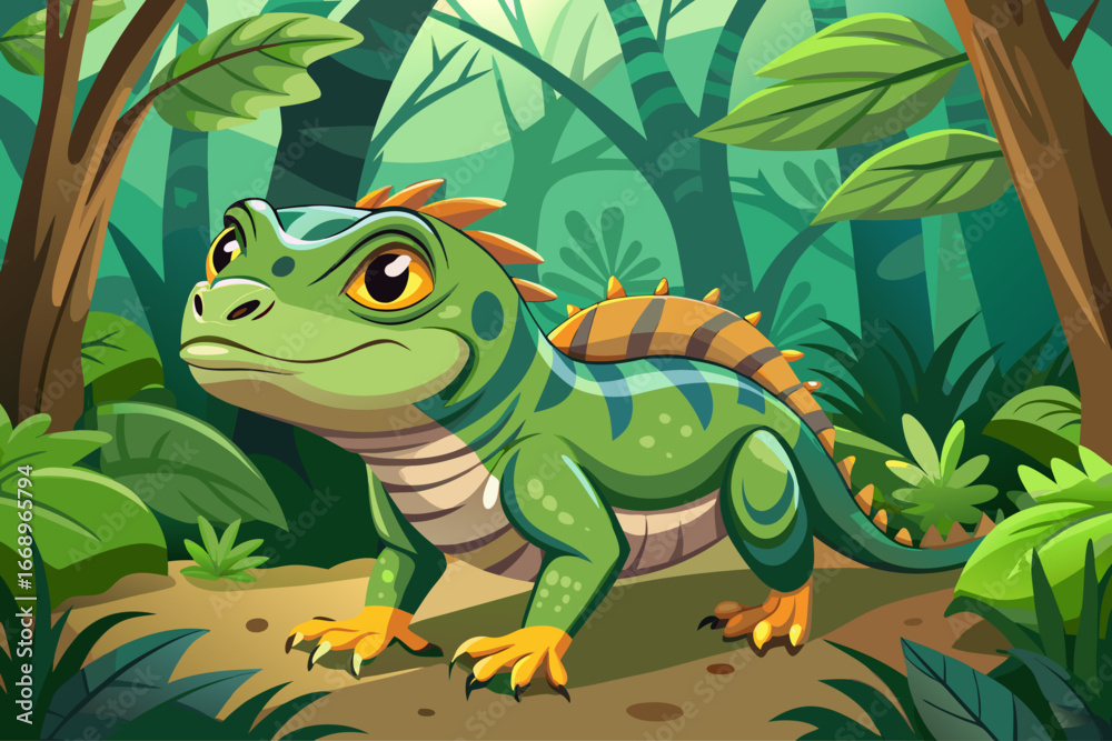 Obraz premium vector of A special and different small reptile (iguana or lizard) standing in a green forest and looking forward