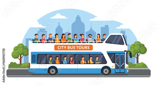 Adobe Illustrator Artwork Vector illustration of a double-decker city tour bus with tourists enjoying sightseeing from the open top deck, highlighting travel, tourism, and urban exploration