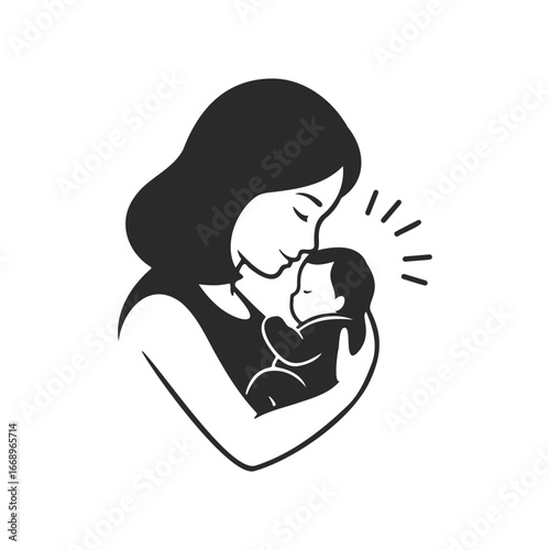 Silhouette of asian female embracing newborn baby with love and tenderness