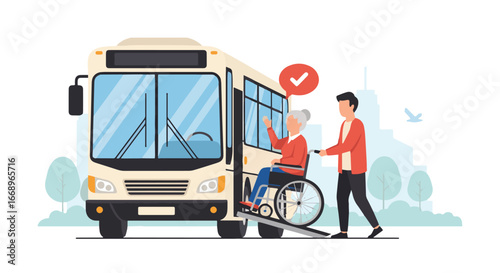 Vector illustration of a caregiver helping an elderly people in a wheelchair board a city bus using an accessibility ramp, promoting inclusive public transportation and mobility support