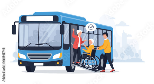 Vector illustration of a caregiver helping an elderly people in a wheelchair board a city bus using an accessibility ramp, promoting inclusive public transportation and mobility support