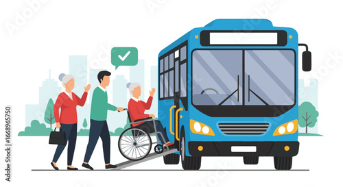 Vector illustration of a caregiver helping an elderly people in a wheelchair board a city bus using an accessibility ramp, promoting inclusive public transportation and mobility support
