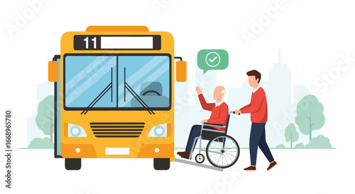Vector illustration of a caregiver helping an elderly people in a wheelchair board a city bus using an accessibility ramp, promoting inclusive public transportation and mobility support