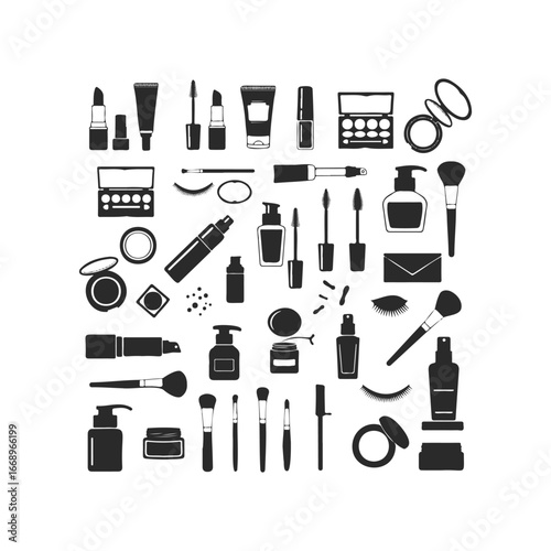 Assorted makeup and beauty tools collection in black and white design