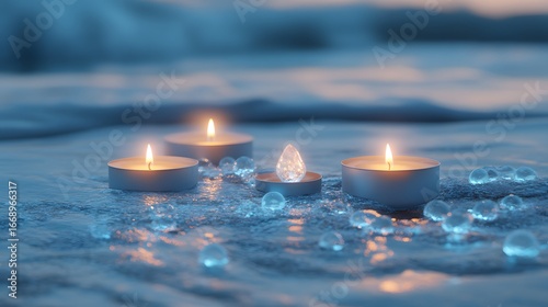 Serene Candlescape,  Tranquil Teal Water, Glowing Lights, Crystal