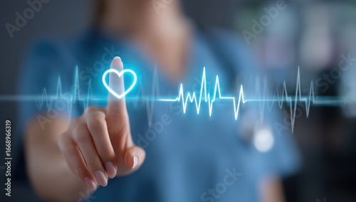 Female nurse touches a glowing heart with an EKG line in front of neutral background