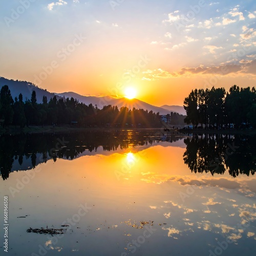 Sunrise over a calm lake, mountains in background