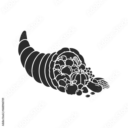 Cornucopia of harvest produce: fruits, vegetables, and grains in silhouette