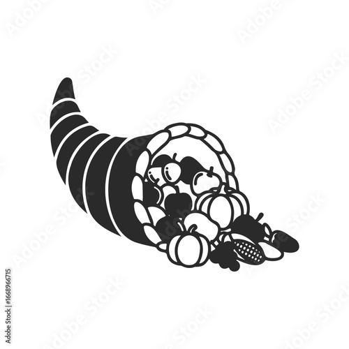 Horn of plenty: cornucopia symbol filled with harvest fruit and vegetables