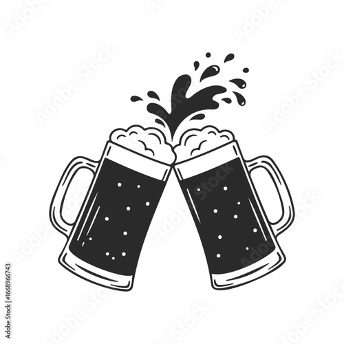 Two clinking beer mugs with splash illustration in black and white