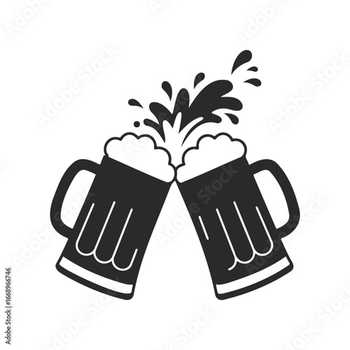 Cheers celebration with two clinking beer mugs and splashing foam