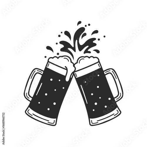 Cheers with clinking beer mugs - black and white vector illustration