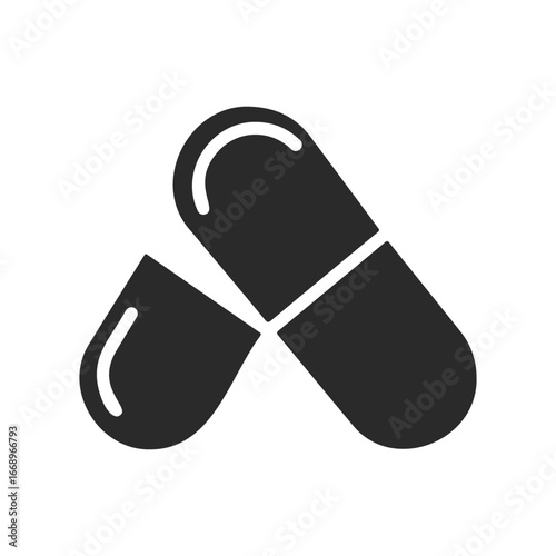 Black and white capsule icon symbolizing medication and health