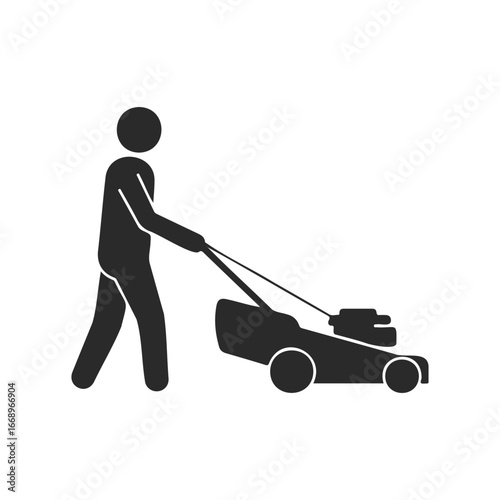 Silhouette of person mowing lawn with lawn mower icon