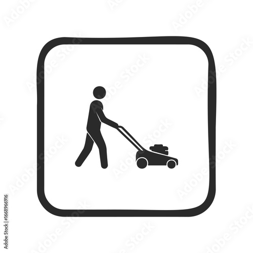 Icon of a person mowing lawn with a lawn mower in black and white