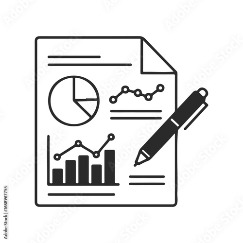 Black and white business report with graphs and pen icon on white background