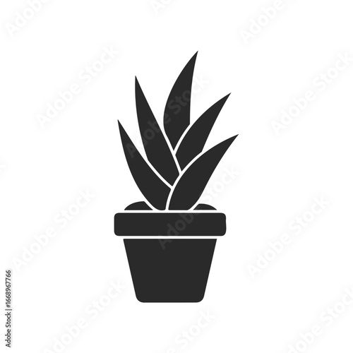 Minimalist black aloe vera plant icon in pot on white background