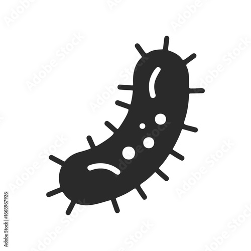 Simple black silhouette of a bacterium with spikes and circular details