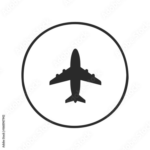 Silhouette of airplane inside circular frame icon