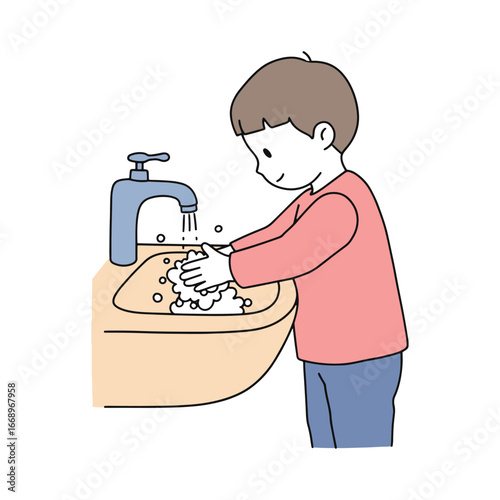Young child carefully washing hands with soap and water for hygiene