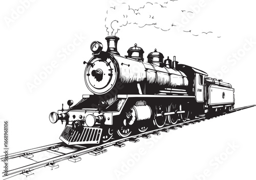 Steam locomotive, retro, vitnage, transport. Hand drawn vector illustration	