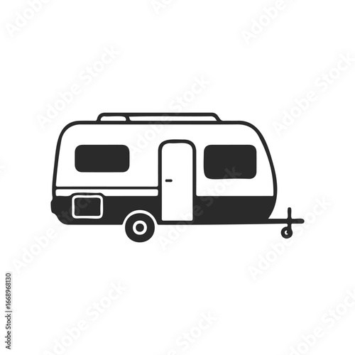 Minimalist black and white camper trailer illustration on white background