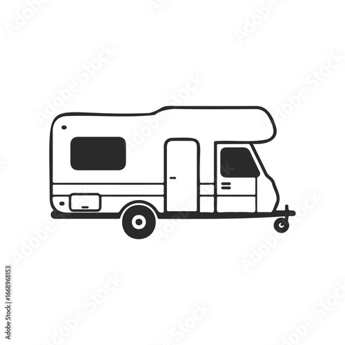 Black and white sketch of caravan trailer side view