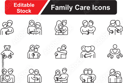 Family Care Vector Icon Set, Parenting, Protection, Mother, Father, Children, Support, Love, Togetherness Icons