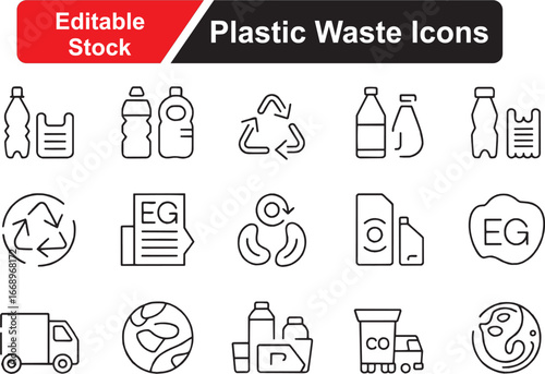 Plastic Waste Vector Icon Set, Recycling, Pollution, Environment, Garbage, Sustainability, Eco Awareness Icons