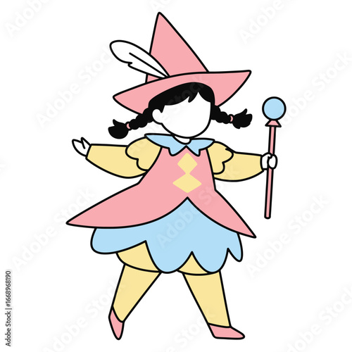 Magical cartoon character in whimsical costume with a staff