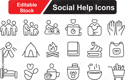 Social Help Vector Icon Set, Charity, Donation, Volunteer, Support, Homeless Aid, Community Care Icons