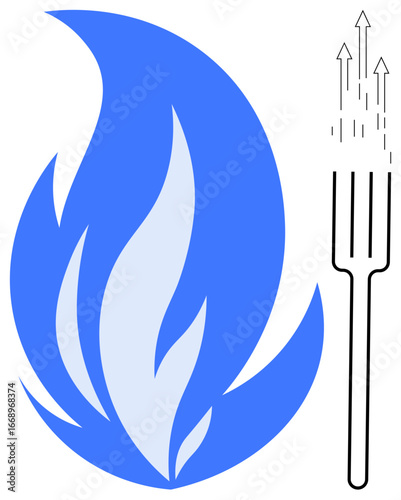 Blue flame and fork with upward heat lines suggest cooking, energy efficiency, flame intensity, thermal processes. Ideal for energy, culinary arts, sustainability, heat transfer, gas use science