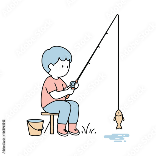 Boy fishing happily with a fish hanging on the line