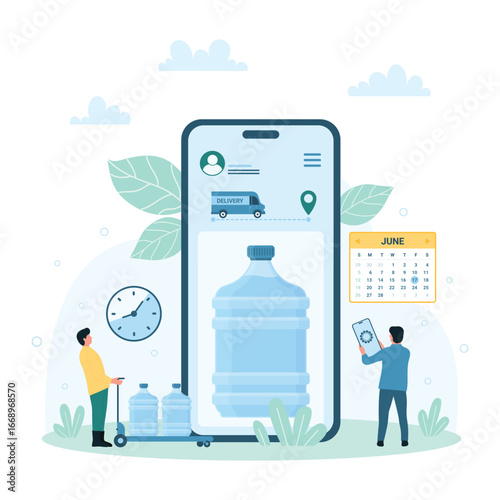Water delivery to home door vector illustration. Cartoon tiny people order and buy plastic bottles with drinking clean water via mobile app in phone, worker carrying cart with big gallons for cooler