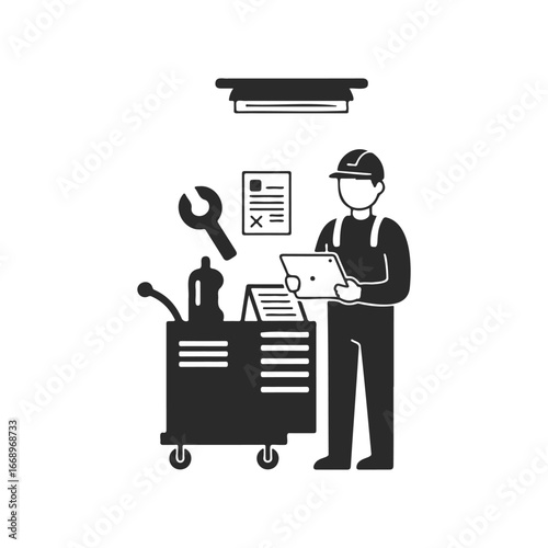 Technician conducting air conditioning maintenance with tools and checklist