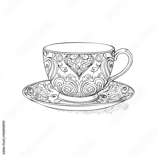 Intricate floral teacup and saucer design in black and white illustration