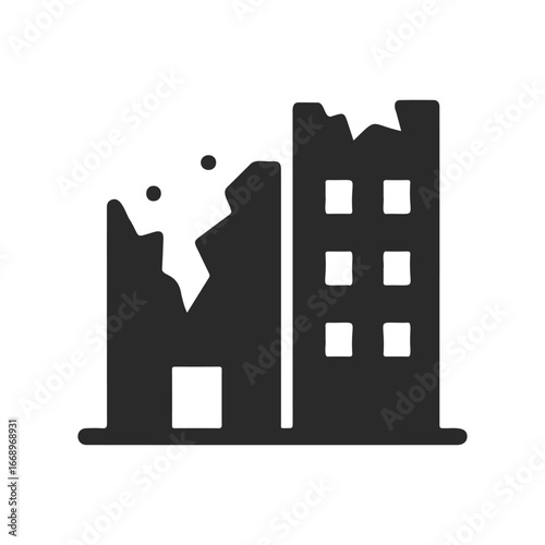 Icon of damaged buildings with cracks and broken roofs