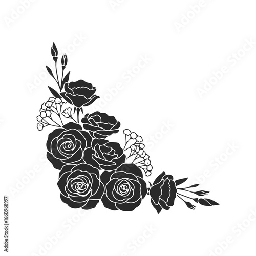 Black and white floral corner design with roses and buds