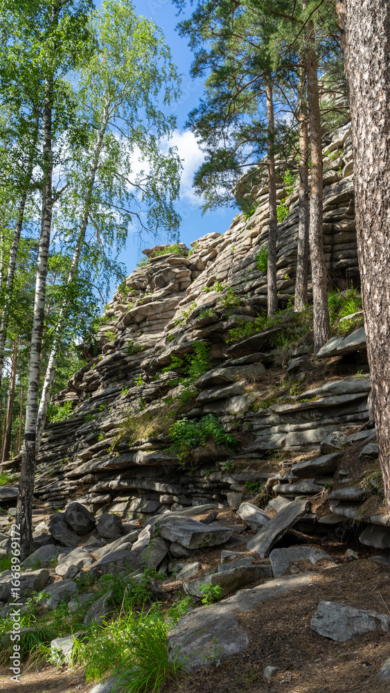 Naklejka premium Devil's Hillfort complex on sunny summer day. Iset Park, Iset village, Sverdlovsk region, Russia. Hiking and walking. Vertical image