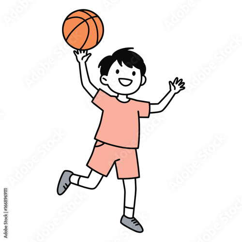 Excited boy playing basketball, ready to shoot the ball with glee