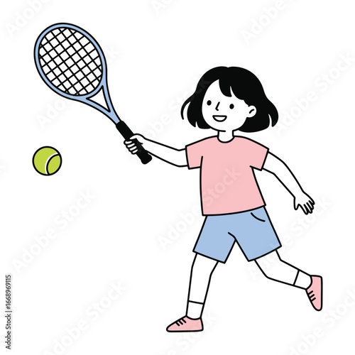 Young girl playing tennis with racket and ball ready to hit